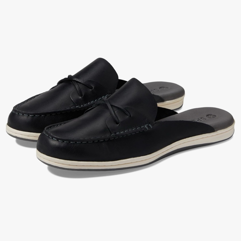 Sperry Black Leather Backless Loafers with Cream Trim